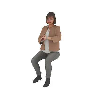 Woman Sitting in Brown Coat White Top Gray Pants and Black Shoes Checking Her Phone 3d model