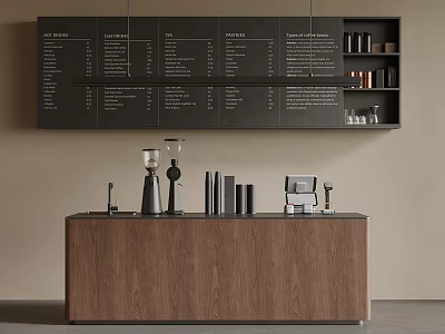 Wooden Bar Counter With Hanging Black Menu Board And Coffee Accessories 3d model