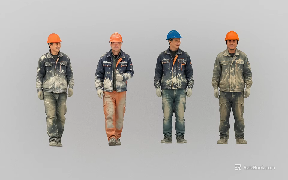 Group of Construction Workers in Work Uniforms With Safety Helmets Standing Together 3d model 
