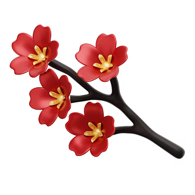 Vibrant Red Plum Blossoms on Black Branches with Yellow Stamens Design 3d model