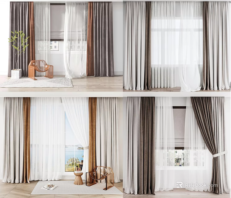 Various Curtain Styles With Sheer And Solid Layers In Neutral Tones For Home Windows 3d model 