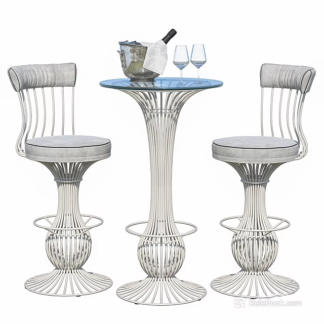 Modern Bar Table and Chairs Set With Round Glass Top And Woven Metal Frame Design 3d model 