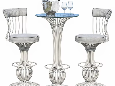 Modern Bar Table and Chairs Set With Round Glass Top And Woven Metal Frame Design 3d model
