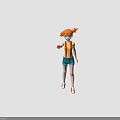 Animated Creature Character With Orange Hair Twin Ponytails Green Shorts Holding Red Ball Three Angles