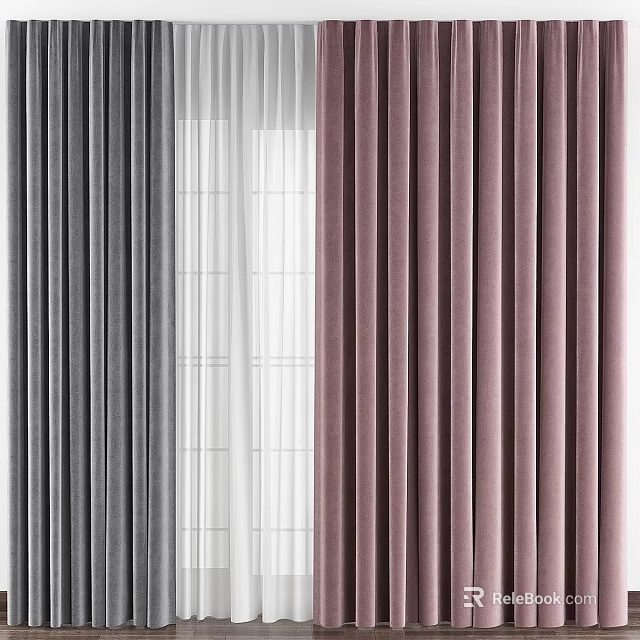Gray White and Soft Pink Vertical Velvet Curtains for Interior Window Decor 3d model 