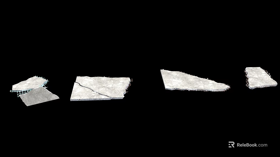 White Broken Fragments With Cracks Lying On Black Background Surface 3d model 