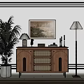 Wooden Entryway Side Cabinet with Palm Plant Floor Lamp and Wall Painting on Decorative Wall