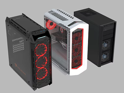 Sleek PC Cases With Transparent Side Panels Red Cooling Fans And Black White Designs 3d model