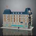 Lego Model Building With Blue Roof Beige Facade Flag Multi Story Windows Awnings Street Lamps