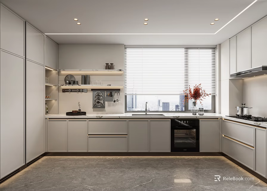 Modern Kitchen Interior With White Cabinets Marble Countertops Island Appliances Window Blinds And Vase Flowers 3d model 