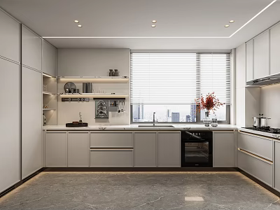 Modern Kitchen Interior With White Cabinets Marble Countertops Island Appliances Window Blinds And Vase Flowers 3d model
