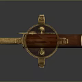 Vintage Wooden Telescope with Golden Decorations and Curved Stand on Round Base