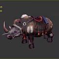 Decorated Brown And White Rhinoceros With Saddle Armor And Flame Decorations