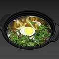 Delicious Clay Pot Noodle Soup With Soft Boiled Egg Fresh Green Vegetables And Rich Broth