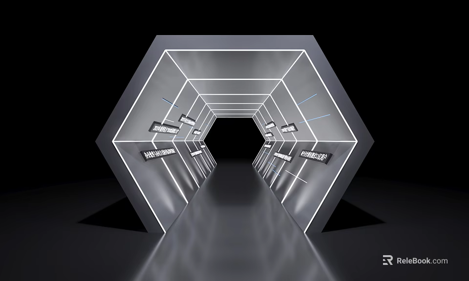 Futuristic Hexagonal Tunnel Interior With Illuminated Lines Sleek Panels And Reflective Floor 3d model 