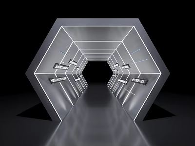 Futuristic Hexagonal Tunnel Interior With Illuminated Lines Sleek Panels And Reflective Floor 3d model