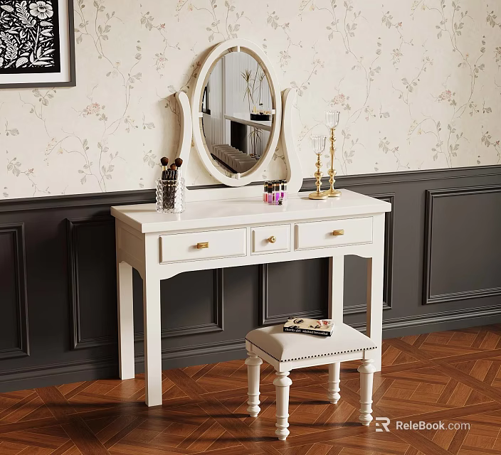 Elegant White Dressing Table With Round Mirror Stool Floral Wallpaper And Dark Wall Panels 3d model 