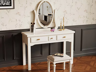 Elegant White Dressing Table With Round Mirror Stool Floral Wallpaper And Dark Wall Panels 3d model