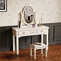 Elegant White Dressing Table With Round Mirror Stool Floral Wallpaper And Dark Wall Panels