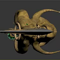 Fantasy Character Weapon With Golden Hilt And Mythical Creature Carvings
