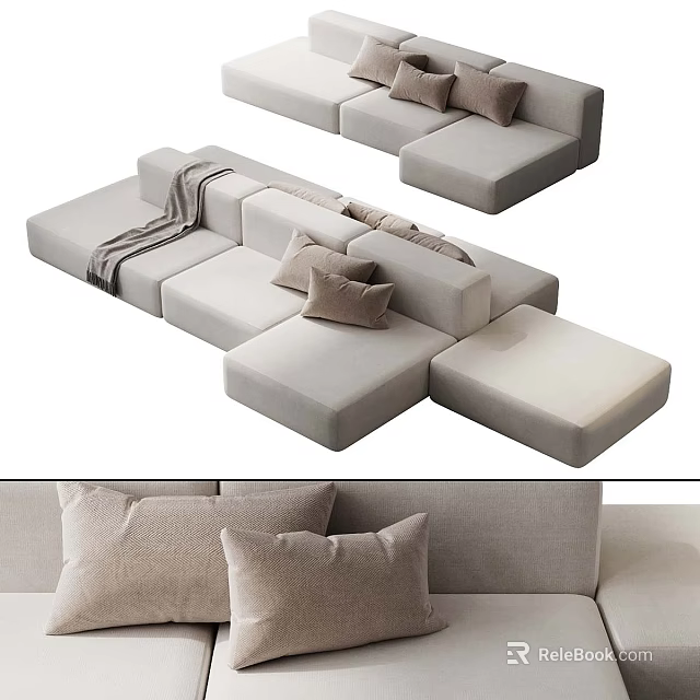 Modern Beige Sectional Sofa With Decorative Pillows And Soft Throw Blanket 3d model 