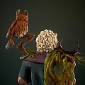 Man with White Hair Beard Holding Staff with Owl Leaf Decorations and Green Glowing Object