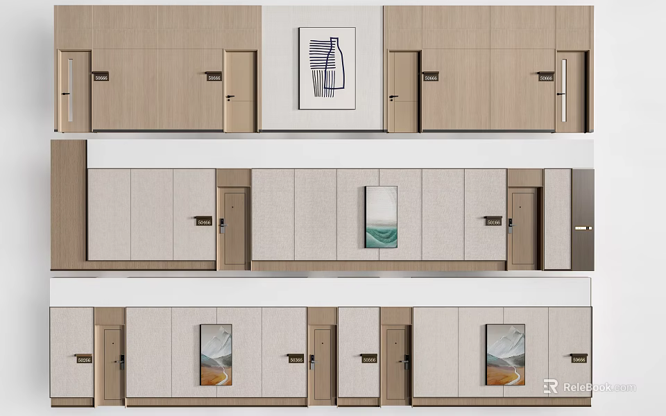 Modern Office Corridor With Wooden Panel Walls Multiple Doors And Decorative Paintings 3d model 