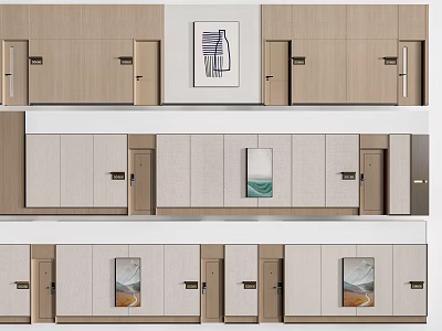 Modern Office Corridor With Wooden Panel Walls Multiple Doors And Decorative Paintings 3d model