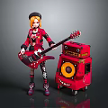 Child in Red Coat and Hat Holding Red Electric Guitar with Red Smiling Face Speaker