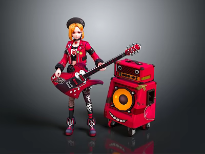 Child in Red Coat and Hat Holding Red Electric Guitar with Red Smiling Face Speaker 3d model