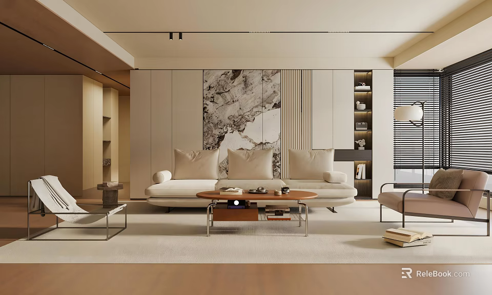 Modern Living Room Interior Design With Beige Sofa Marble Texture Painting And Open Bookshelf 3d model 