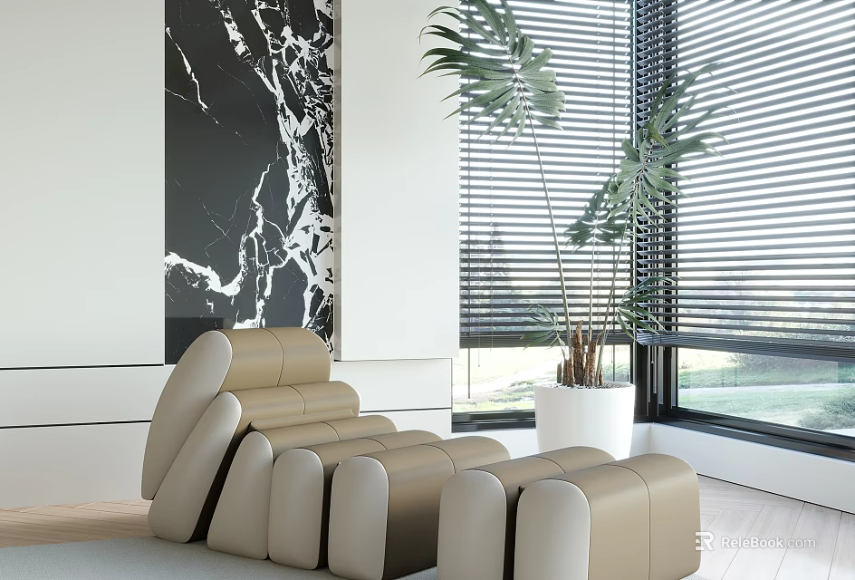 Modern Interior With Beige Leather Lounge Chair Tall Green Plant And Marble Wall Art 3d model 
