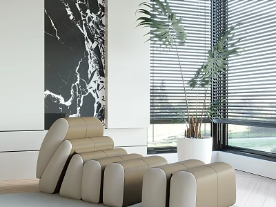 Modern Interior With Beige Leather Lounge Chair Tall Green Plant And Marble Wall Art 3d model