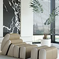 Modern Interior With Beige Leather Lounge Chair Tall Green Plant And Marble Wall Art