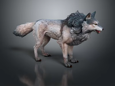 Realistic 3D Wolf Character With Fluffy Gray And White Fur Standing Pose 3d model