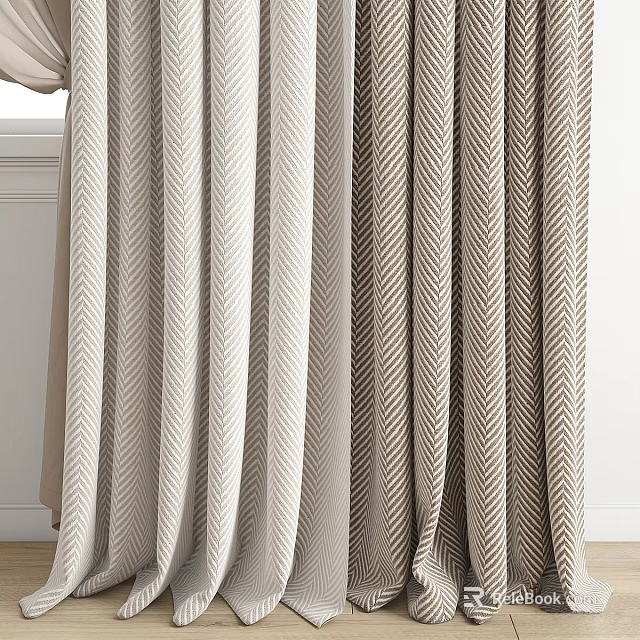 Beige And Brown Herringbone Pattern Curtains For Modern Home Interior Decor 3d model