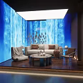 Footprint Logo Modern Lobby With Wooden Decor Dark Floor Blue Screen And Geometric Desk