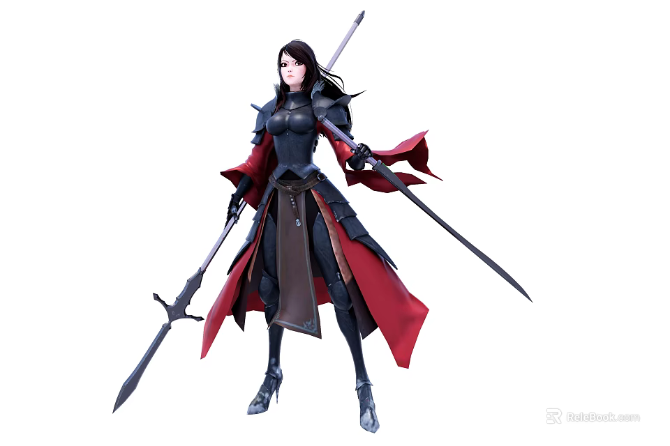 Game Movie Character in Black Armor with Red Cape and Dual Swords 3d model 