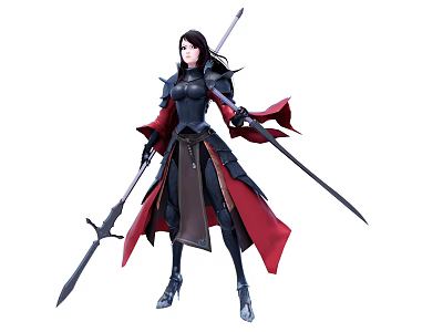 Game Movie Character in Black Armor with Red Cape and Dual Swords 3d model