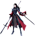 Game Movie Character in Black Armor with Red Cape and Dual Swords