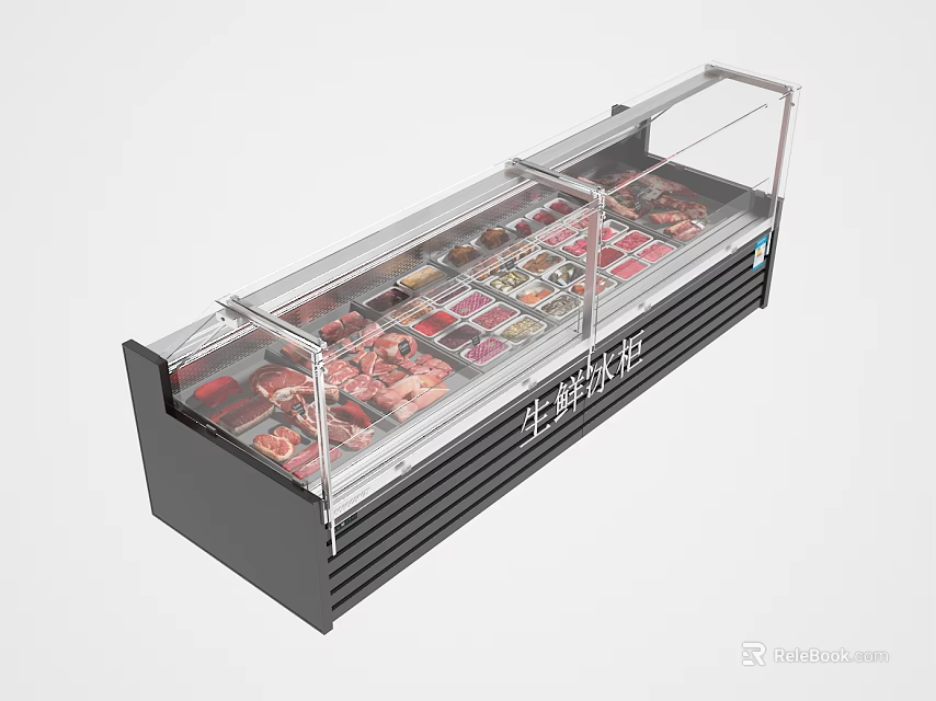 Commercial Display Freezer with Transparent Glass Door for Meat Food Storage Black Cabinet Design 3d model 