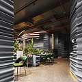 Stylish Restaurant Interior With Green Chairs Lush Plants And Modern Lighting