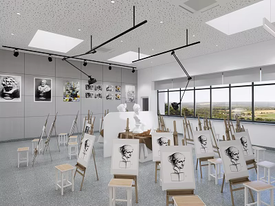 School Art Studio With Easels Canvases Drawings And Large Bright Windows 3d model