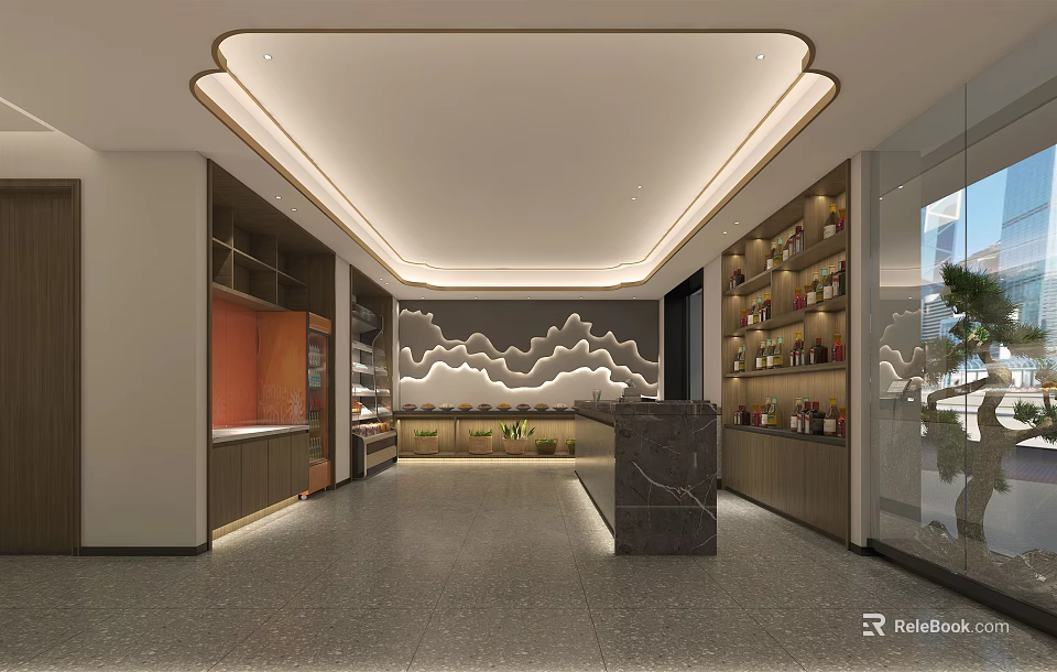 Modern Lobby Interior With Wavy Pattern Wall Marble Reception Counter And Green Plants 3d model