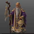 Man In Traditional Purple Robe With Long White Beard Holding Wooden Staff And Lantern