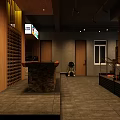 Modern Restaurant Interior With Wooden Reception Stone Counter Wine Rack And Warm Lighting
