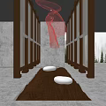 Sales Office Interior Featuring Red Mesh Gray Walls Water Wave Floor Black Grid Natural Light