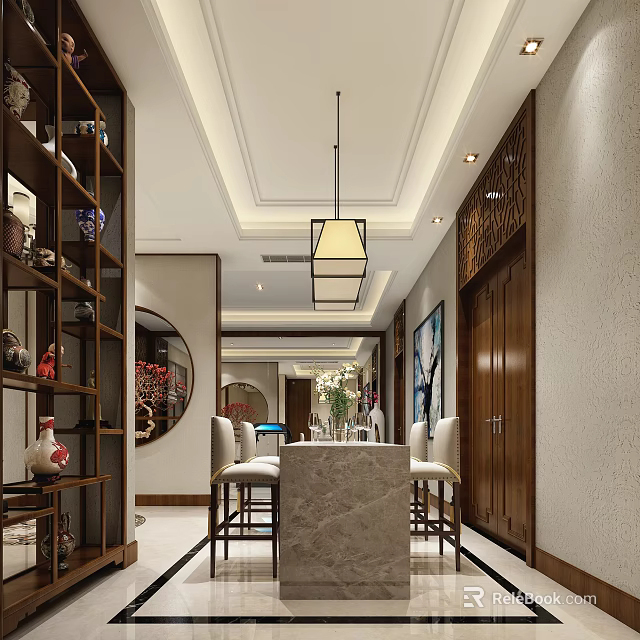Chinese Style Bar Counter Area With Wooden Cabinets Round Mirror And Hanging Lamp 3d model 