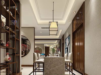 Chinese Style Bar Counter Area With Wooden Cabinets Round Mirror And Hanging Lamp 3d model