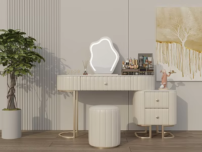 Modern Dressing Table with Irregular Mirror Gold Legs Stool Potted Plant and Decorative Painting 3d model
